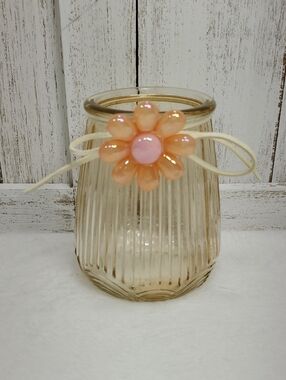 Decorative Glass Vase Jar with Peach Flower Accent with Cream Faux Suede Cord